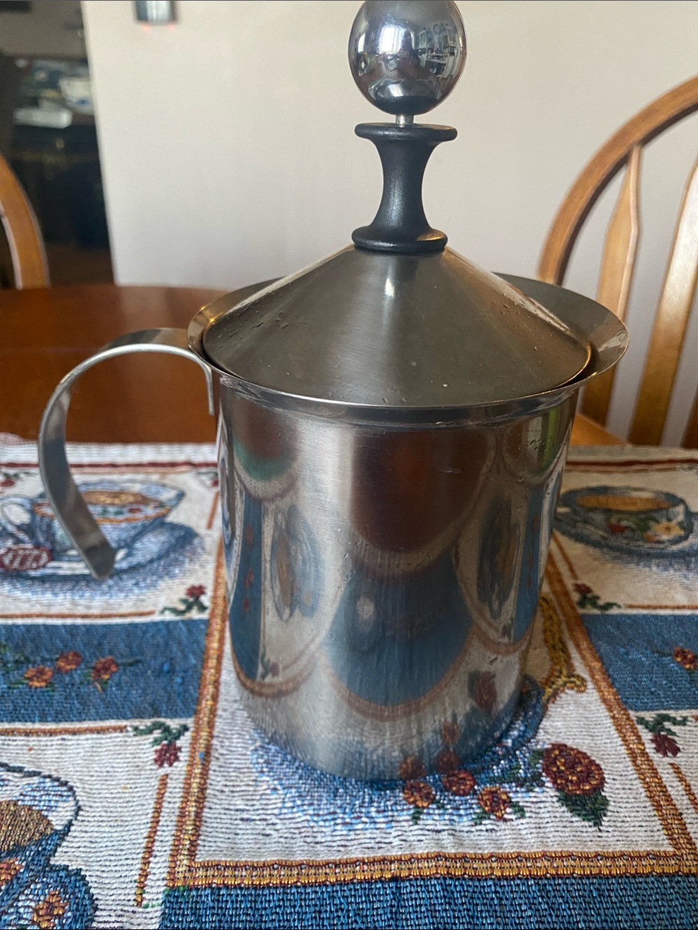 Stainless Steel Covered Milk Frother Pitcher with Black Handle and Finial